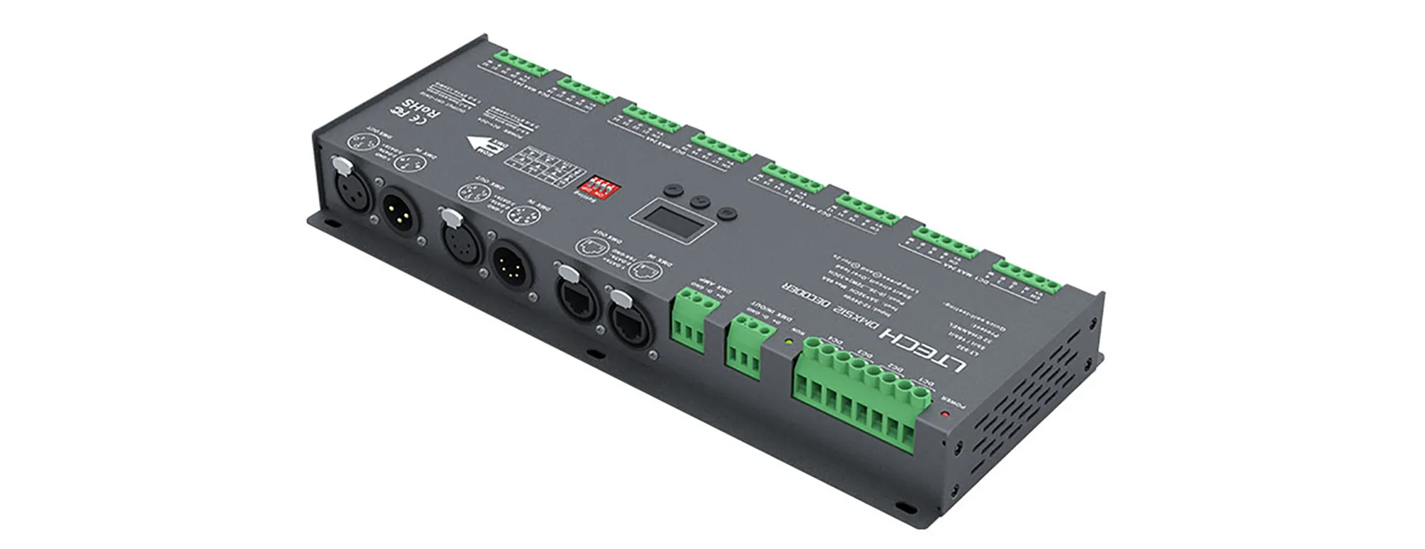 932  32Ch 3A CV DMX Decoder, 2304W Max.Power, XLR-3&5, Green connector & RJ45 Port, Self testing, DMX512/RDM I/P signal, IP20.